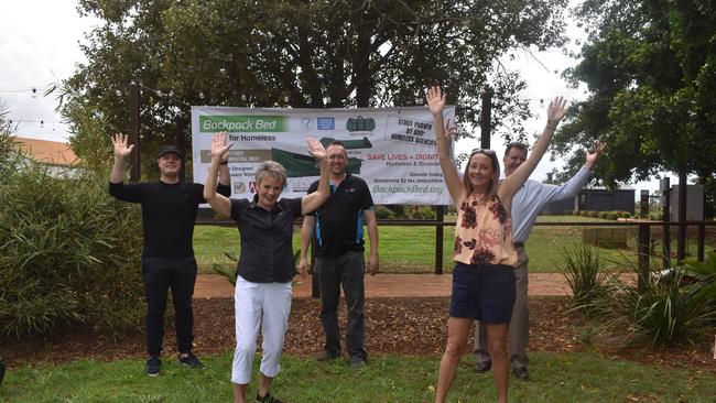 Community Lifestyle Support's Damien Tracey, Angels Community Group's Gail Mole, Community Lifestyle Support's Jodi Morris, Member for Burnett Stephen Bennett and Community Lifestyle Support's Damien Tracey get ready to camp out for a cause.