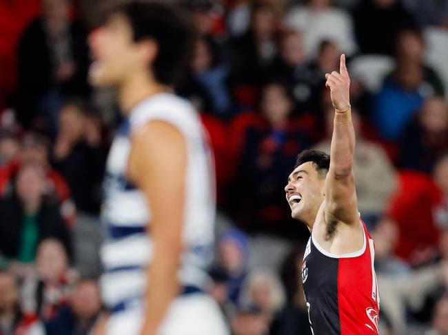 Mitch Owens celebrates during St Kilda’s win over Geelong. Picture: Dylan Burns/AFL Photos