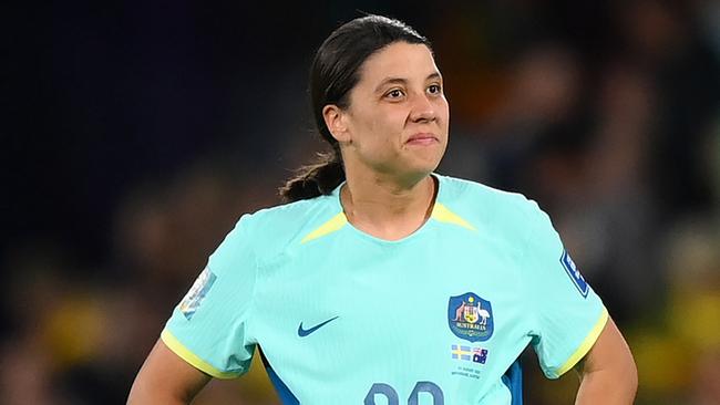 BRISBANE, AUSTRALIA - AUGUST 19: Sam Kerr of Australia shows dejection after the teamÃ¢â¬â¢s defeat following the FIFA Women's World Cup Australia & New Zealand 2023 Third Place Match match between Sweden and Australia at Brisbane Stadium on August 19, 2023 in Brisbane, Australia. (Photo by Justin Setterfield/Getty Images)