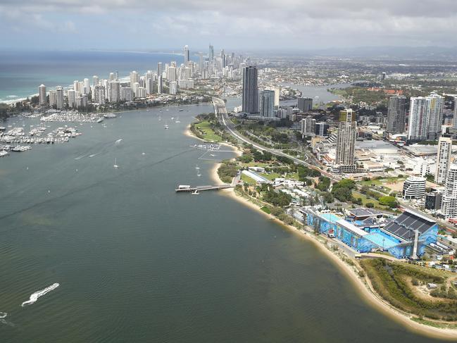 GOLD COAST, NEW SOUTH WALES - APRIL 02:  An aerial general view of the Optus Aquatics centre is seen with the Gold Coast skyline behind ahead of the 2018 Commonwealth Games on April 2, 2018 in Gold Coast, Australia.  (Photo by Mark Kolbe/Getty Images)