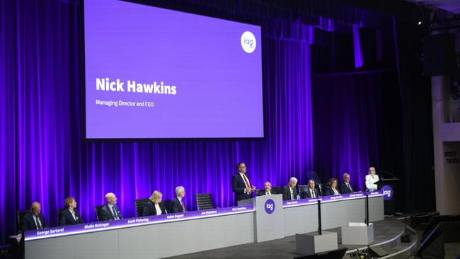 IAG chief Nick Hawkins addresses Insurance Australia Group’s 2022 AGM. Picture: Dan Gray