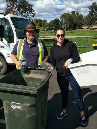 Volunteer Steve Chenhall and Our Lady’s Primary School teacher Emily at Hume’s first fortnightly pop-up collection day at Craigieburn. Picture: Supplied