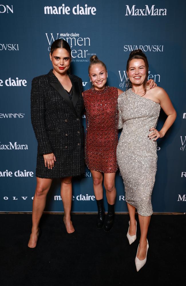 Samantha Harris, Grace Tame and Vanessa Turnbull-Roberts attend the Marie Claire Women Of The Year Awards 2024 at Walsh Bay. Picture: Hanna Lassen/Getty Images