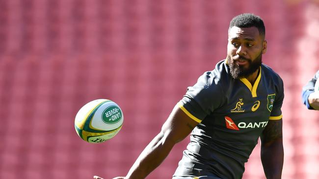 Samu Kerevi in action during the Wallabies captain’s run at Suncorp Stadium.