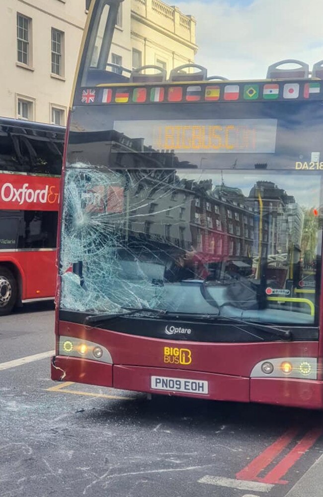 Household Cavalry horses on the loose in London galloped along streets and smashed into vehicles, injuring four on Buckingham Palace Road, Victoria. Pictures also show an injured man lying on the ground on Fleet Street. Picture: Facebook