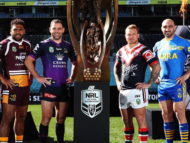 PenrithÕs Peter Wallace, CronullaÕs Paul Gallen, BroncoÕs Sam Thaiday, StormÕs Cameron Smith, RoosterÕs Jake Friend, Eels Tim Mannah, ManlyÕs Daly Cherry-Evans and CowboyÕs Gavin Cooper during the launch of the 2017 NRL finals series at ANZ Stadium, Homebush. Picture: Brett Costello