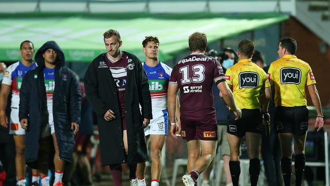 Jake Trbojevic speaks to referee Grant Atkins at fulltime. Picture: Jason McCawley/Getty