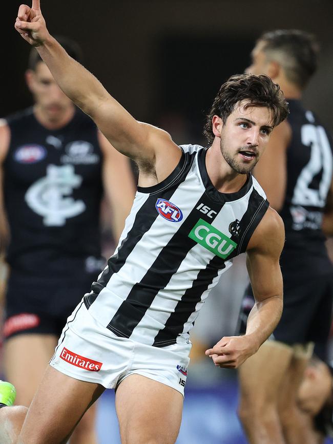 Josh Daicos kicked a crucial last-quarter goal for Collingwood to help down Carlton. Picture: Michael Klein