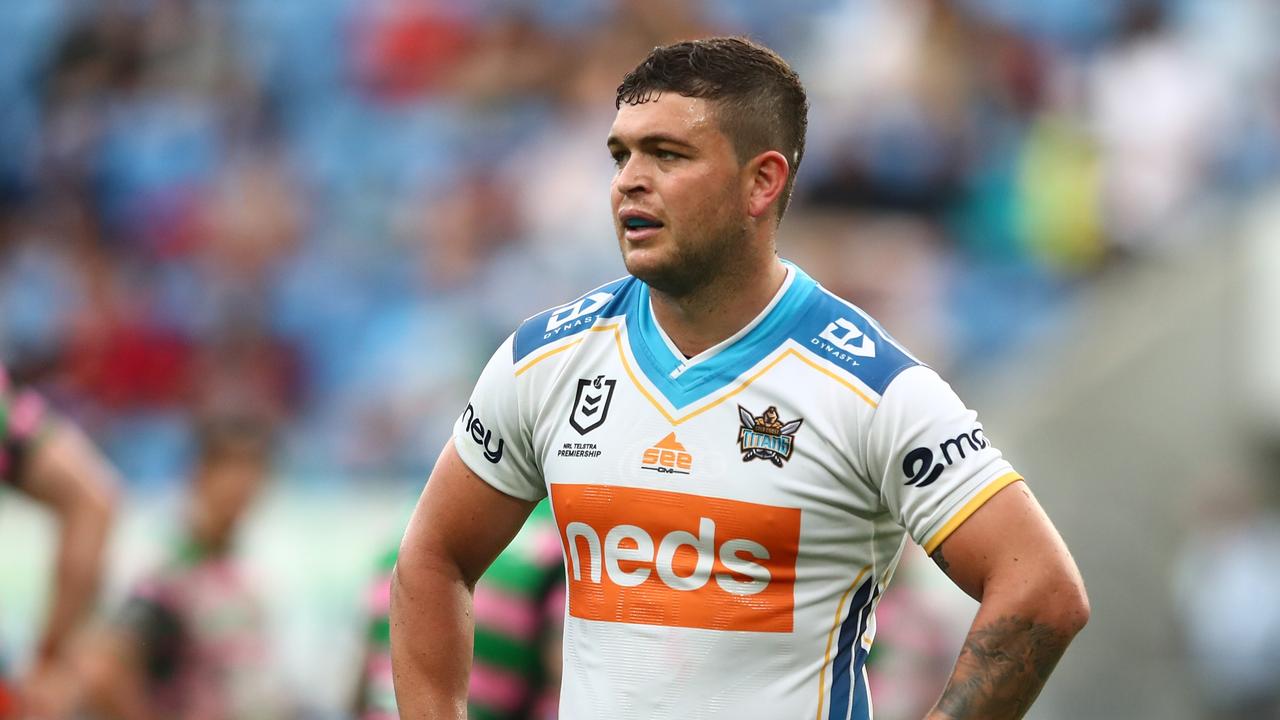 GOLD COAST, AUSTRALIA - AUGUST 14: Ashley Taylor of the Titans looks on during the round 22 NRL match between the South Sydney Rabbitohs and the Gold Coast Titans at Cbus Super Stadium, on August 14, 2021, in Gold Coast, Australia. (Photo by Chris Hyde/Getty Images)