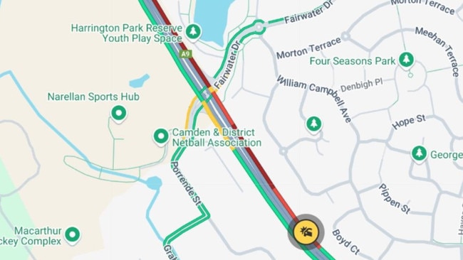 The Northern Rd is closed southbound at Fairwater Dr due to a car and motorcycle crash. Picture: Live Traffic NSW