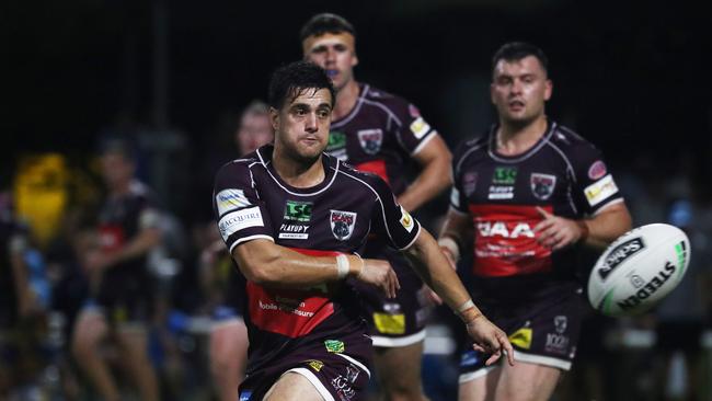 Burleigh Bears player Conner Toia passes during a pre-season trial against the Gold Coast Titans at Pizzey Park. February 20, 2021. Photo Jason O'Brien