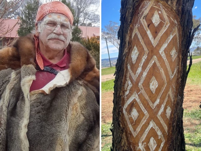 Late Indigenous elder Brian Grant, and a scarred tree atop Mount Panorama-Wahluu carved in his honour.