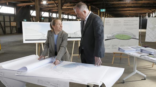 Anne Beach CEO Macquarie Point Development Corporation with former Minister Nic Street. Macquarie Point Development Corporation significant announcement in relation to the proposed AFL stadium on the site. Picture: Nikki Davis-Jones