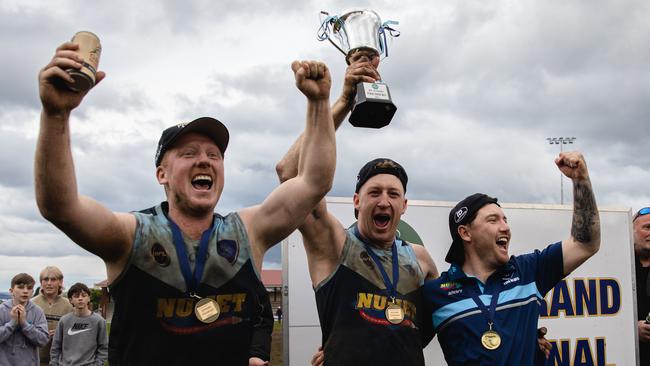 Josh Green, Michael Cassidy and Jack Gleeson Lindisfarne. SFL Grand Final 2022 Lindisfarne V Cygnet. Jack Gleeson did not play in the grand final. Picture: Linda Higginson