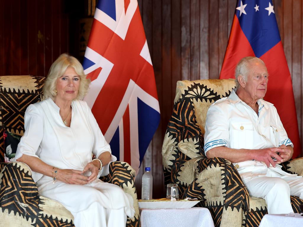 Charles and Camilla during an official Royal ‘Ava ceremonial’ welcome at the National University of Samoa in Apia, Samoa. Picture: Getty Images