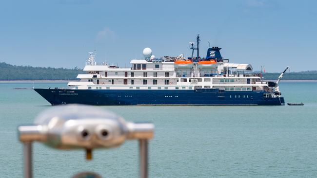 The cruise ship at the centre of a last-ditch court battle to remain in Darwin Harbour, the <i>Caledonian Sky</i>, is hours away from arriving in Manila Bay in the Philippines, where it will join an armada of about 17 banished luxury ocean liners. Picture: Che Chorley