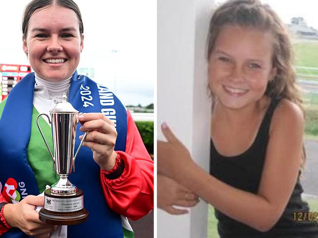 Cejay Graham celebrates her biggest win to date (left) on Kintyre in the Group 2 Queensland Guineas and (right) back in 2011 growing up next to the racecourse at Port Macquarie. Pictures: Trackside Photography, Supplied