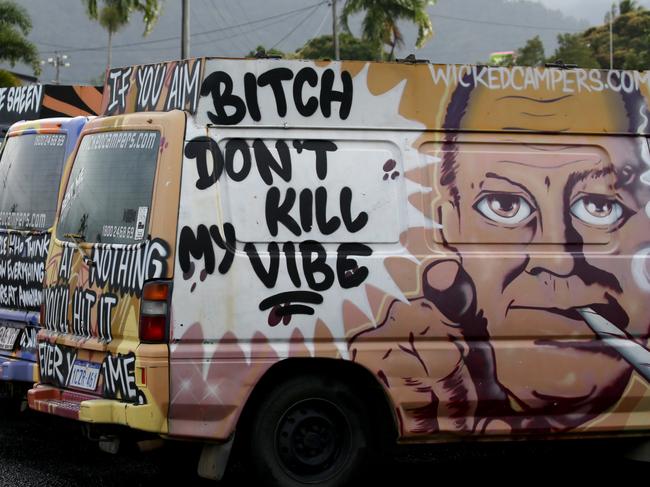 Some of the Wicked campers with offensive slogans that have been banned PICTURE: ANNA ROGERS