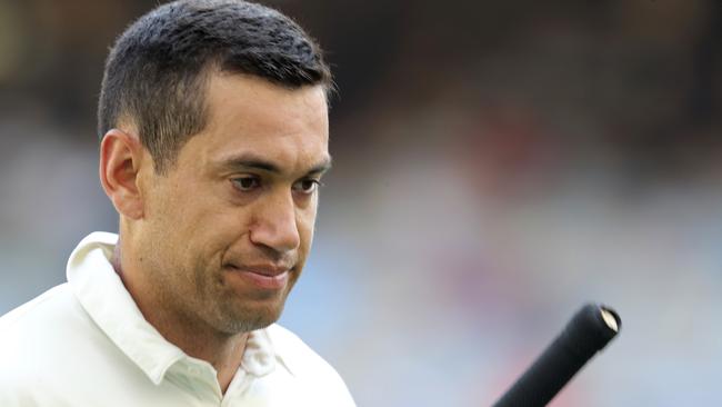 New Zealand's Ross Taylor walks off after he is dismissed during play in their cricket test against Australia in Perth, Australia, Sunday, Dec. 15, 2019. (AP Photo/Trevor Collens)