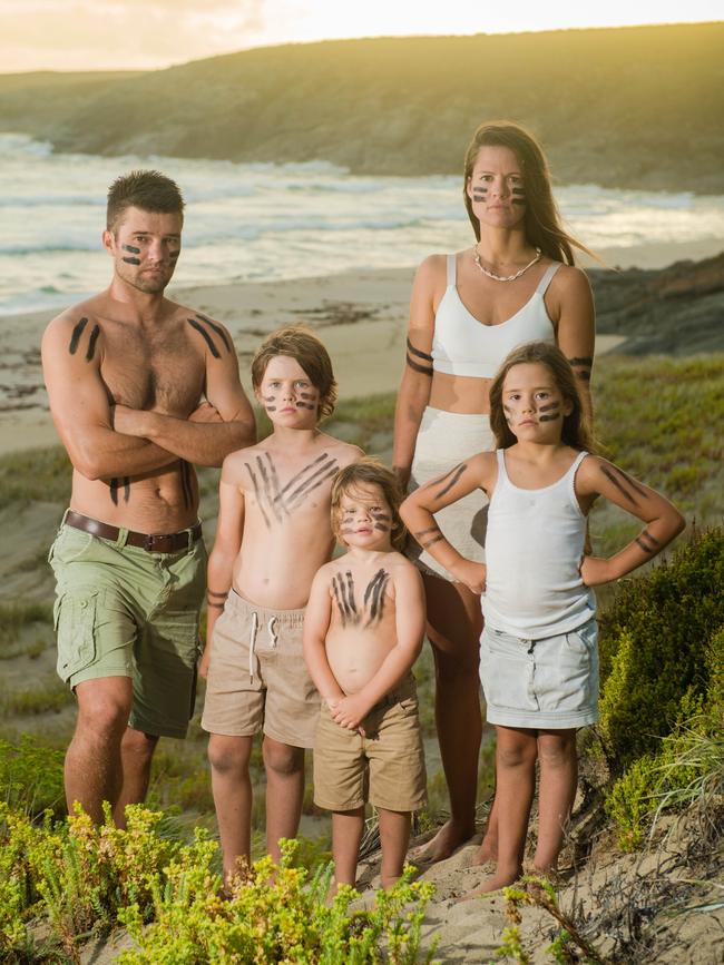 Becky Westbrook with husband David and children Jed, 9, Indi, 6, and Xavier, 3, at Sandy Beach in the Flinders Chase National Park on Kangaroo Island. Picture: Tom Huntley