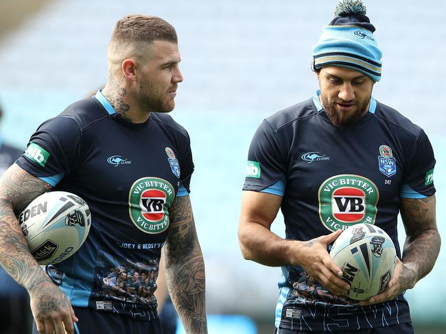 SYDNEY, AUSTRALIA - JUNE 20:  Blake Ferguson and Josh Dugan speak during a New South Wales Blues State of Origin captain's run at ANZ Stadium on June 20, 2017 in Sydney, Australia.  (Photo by Mark Kolbe/Getty Images)