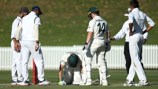 Will Pucovski was felled by a short ball in Australia A’s tour match against India A.