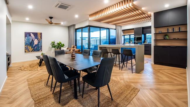 The contemporary flow of Parkedge Abode at Richmond secured the prestigious President's Award for Executive Living Homes at the 2020 Mackay and Whitsunday Housing and Construction Awards. With its slightly elevated frontage, this beautiful home boasts all the creature comforts a large family could wish for, including a kids' retreat, stunning couples' suite, and poolside alfresco area made for en