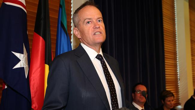 Opposition Leader Bill Shorten speaking at a Labor Party Room Meeting at Parliament House in Canberra. Picture Kym Smith