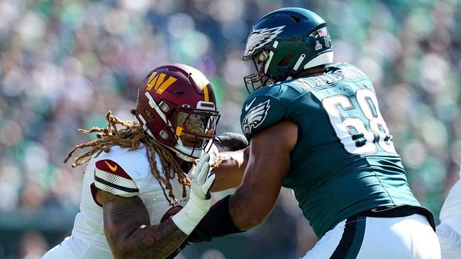 Chase Young was a handful for Mailata. Photo: Mitchell Leff/Getty Images/AFP