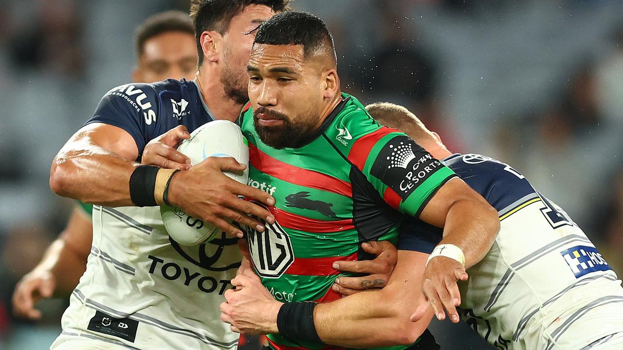 SYDNEY, AUSTRALIA - AUGUST 27: Siliva Havili of the Rabbitohs is tackled during the round 24 NRL match between the South Sydney Rabbitohs and the North Queensland Cowboys at Accor Stadium, on August 27, 2022, in Sydney, Australia. (Photo by Mark Metcalfe/Getty Images)