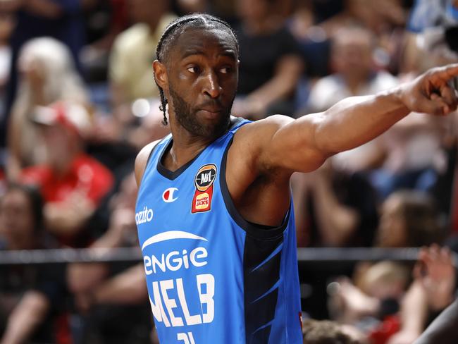 WOLLONGONG, AUSTRALIA - MARCH 08: Ian Clark of Melbourne United points at a fan during game one of the NBL Grand Final Series between Illawarra Hawks and Melbourne United at WIN Entertainment Centre, on March 08, 2025, in Wollongong, Australia. (Photo by Darrian Traynor/Getty Images)