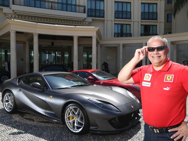 Mayor Tom Tate with the Latest Ferrari, at Palazzo Versace. Tom is the only mayor in Australia that has his own Ferrari and he will be part of a Ferrari cavalcade from Brisbane to the Gold Coast on the weekend for the 70 th anniversary of Ferrari.There are more Ferrari owners on the GC than anywhere else. Picture Glenn Hampson