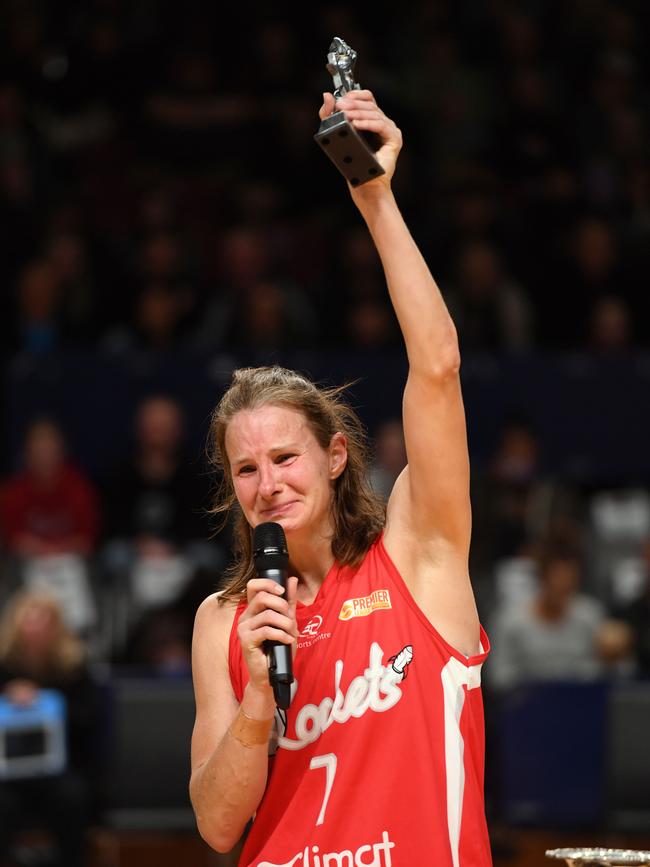 Jo Hill show her emotions as she is named MVP during the Women's Premier League basketball grand final between North Adelaide and Forestville at Titanium Security Arena Saturday August 18,2018.(Image AAP/Mark Brake)