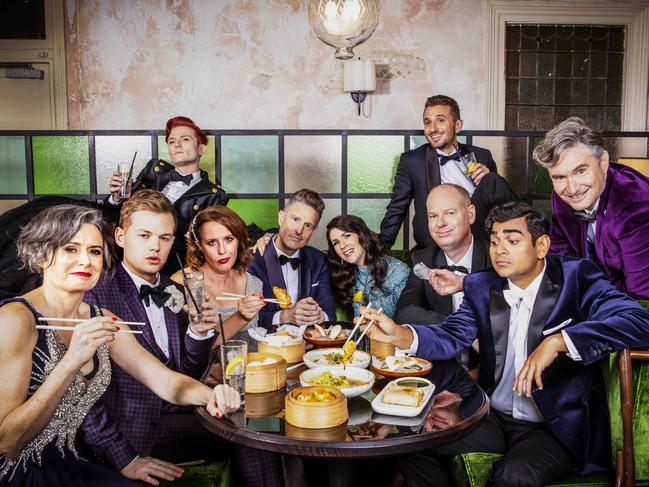 Judith Lucy, far left, with fellow comedy stars Joel Creasey, Anne Edmonds, Rhys Nicholson, Wil Anderson, Becky Lucas, Tom Gleeson, Tommy LIttle, Dave Hughes and Dilurk Jayasinha at The Espy for a Herald Sun photo shoot. Picture: Nicole Cleary