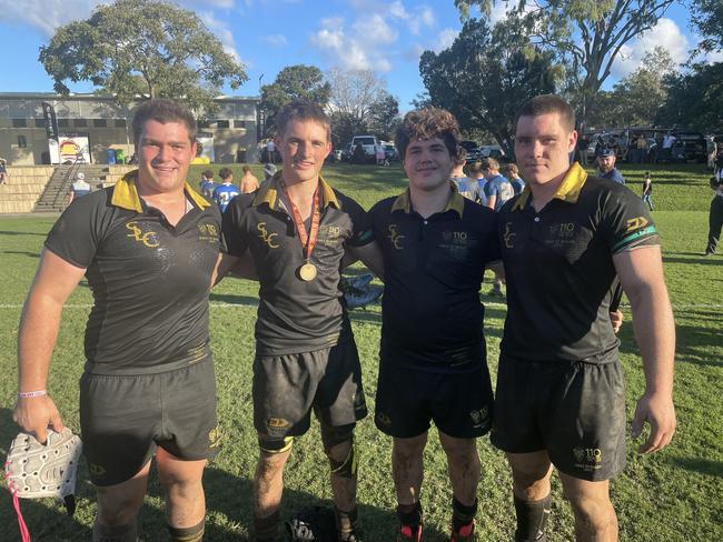 St Laurence's Doubles Daley winner, flanker Henry Page, second from the left, with the front row of Luke Smith, far left, hooker Brad Smith and prop Vin Rix, far right.