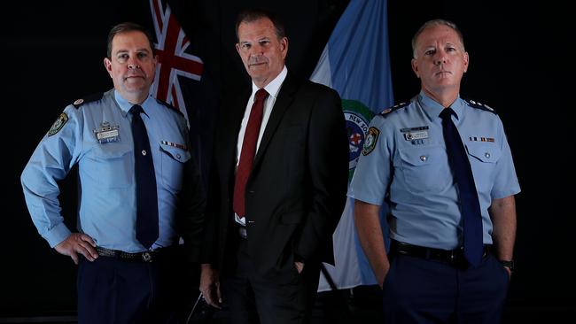 NSW Police Assistant Commissioner Mark Walton, left, Deputy Commissioner Dave Hudson and Commissioner Mick Fuller. Picture: Jane Dempster