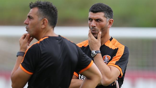 Brisbane Roar coaches Ross Aloisi, left, and John Aloisi at training. Pictures: Jack Tran