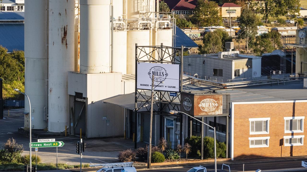 The Mills Precinct, Chalk Dr and Ruthven St intersections, as seen from the Toowoomba Hospice fundraiser Hang Ya Boss Out To Dry cherry picker, Friday, May 26, 2023. Picture: Kevin Farmer
