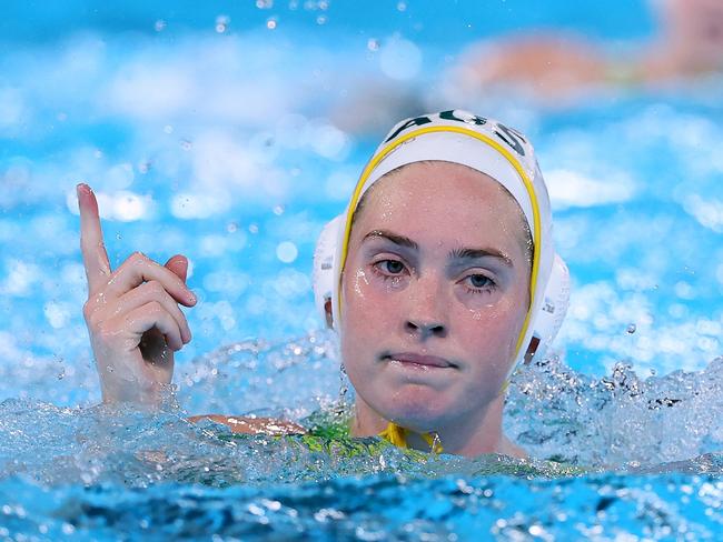 PARIS, FRANCE - AUGUST 02: Alice Williams of Team Australia celebrates scoring a goal in the Women's Preliminary Round - Group A match between Team Australia and Team Canada on day seven of the Olympic Games Paris 2024 at Aquatics Centre on August 02, 2024 in Paris, France. (Photo by Clive Rose/Getty Images)