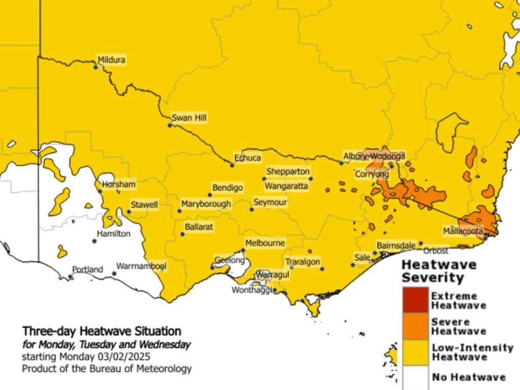 Victoria is experiencing a low-intensity heatwave, downgraded from a severe intensity heatwave on Sunday. Picture: Bureau of Meteorology