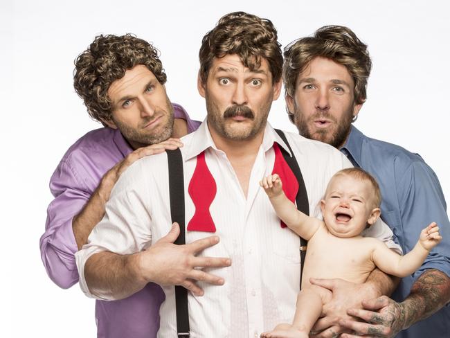 Chris Judd, Brendan Fevola and Dane Swan re-create the <i>Three Men and a Baby </i>poster<i>.</i>