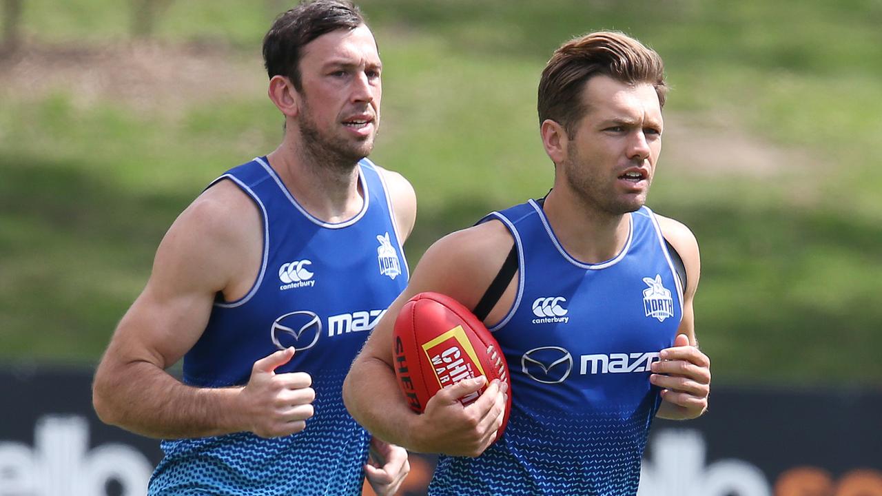 Todd Goldstein and Shaun Higgins at North Melbourne training. Picture: Michael Klein