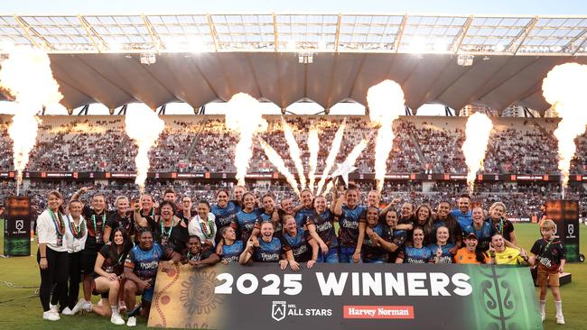 SYDNEY, AUSTRALIA - FEBRUARY 15: Indigenous All Stars players celebrate with the Fanning-Murphy Trophy after winning the Women's NRL All Stars match between Indigenous and Maori at CommBank Stadium on February 15, 2025 in Sydney, Australia. (Photo by Matt King/Getty Images)