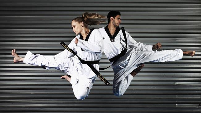 Carmen Marton and Safwan Khalil of the Australian Olympic taekwondo team training together in Sydney.