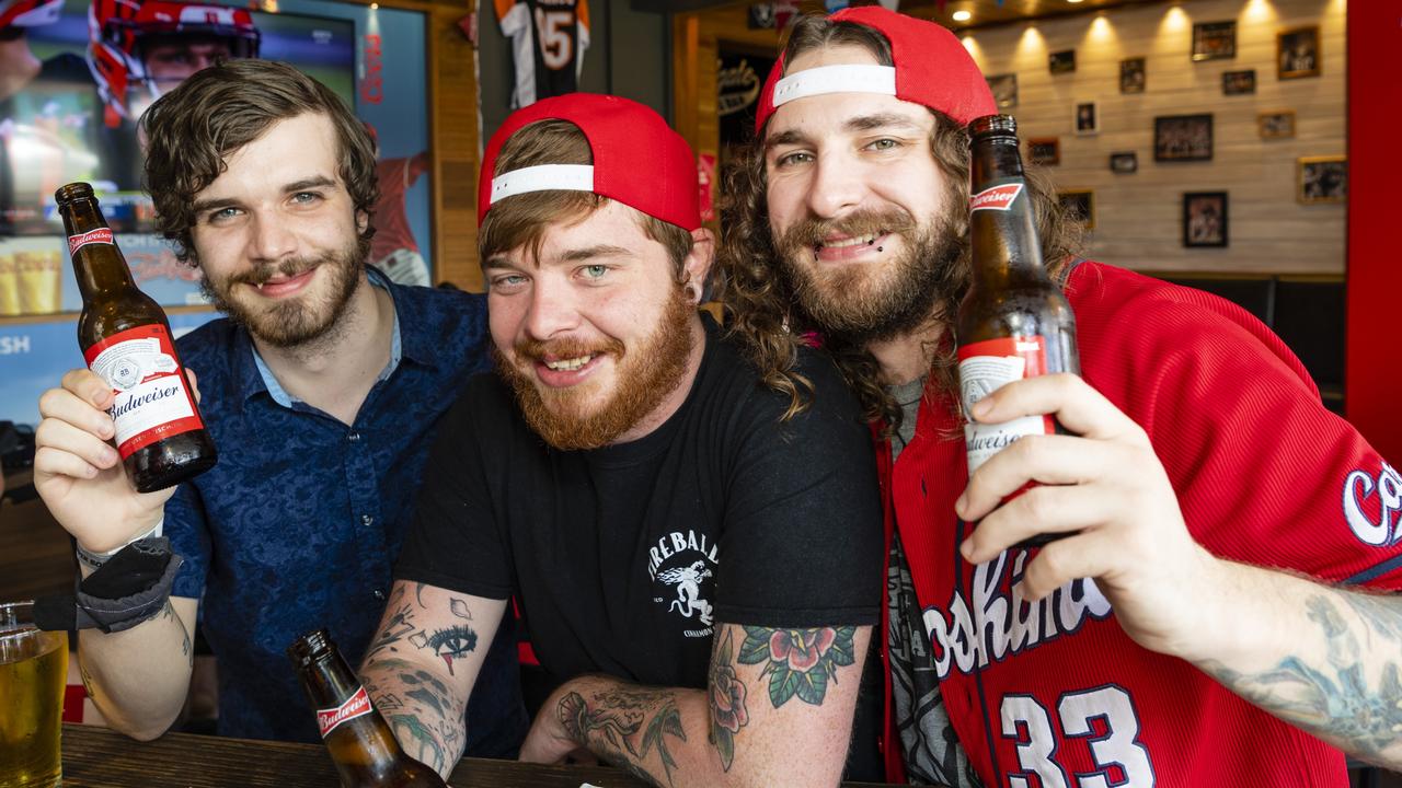 Watching the NFL Super Bowl at Tailgate Sports Bar are (from left) Harrison Fischle, Sean Mac and Ziggy Hansen, Monday, February 14, 2022. Picture: Kevin Farmer