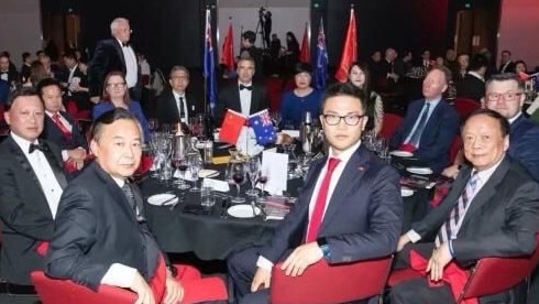 Adelaide City Council candidate Jing Li (wearing a red tie) at a Chinese consulate dinner this year. Picture: Supplied.