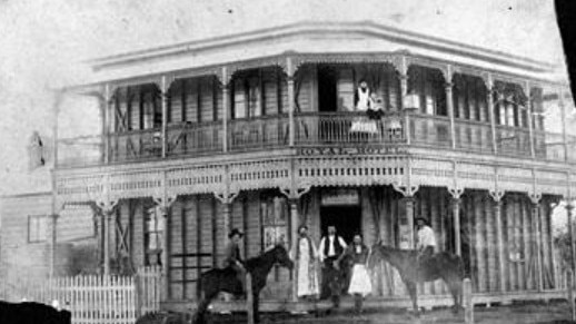 Horse riders and staff gather outside the iconic Royal Hotel in Murgon, a lively meeting place of the era. Source: QldPics