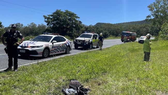 Emergency crews are on the scene of a motorcycle crash north of Mackay along the Bruce Highway at the overtaking lane near the Leap Hotel. Tuesday, December 6, 2022. Picture: Zoe Devenport.