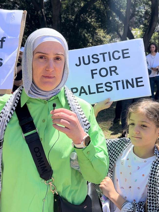 Palestinian-Australian Sukoon Quteifan and her daughter Harir Abdulrahim, 8, at the pro-Palestine rally in Sydney on Sunday.