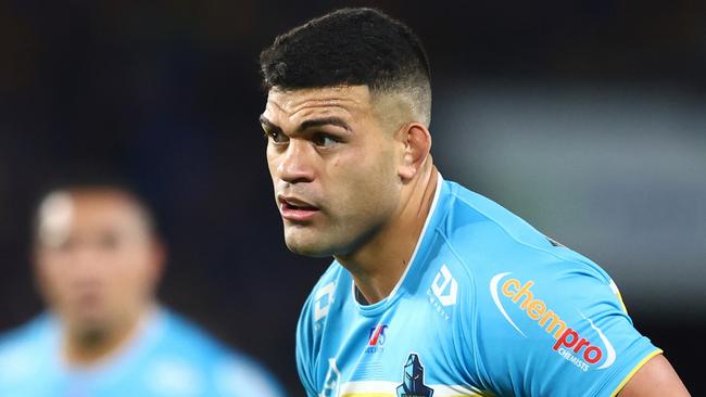 GOLD COAST, AUSTRALIA - MAY 04: David Fifita of the Titans runs the ball during the round nine NRL match between Gold Coast Titans and Melbourne Storm at Cbus Super Stadium, on May 04, 2024, in Gold Coast, Australia. (Photo by Chris Hyde/Getty Images)